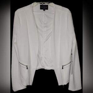 White Textured Blazer with Zipper Details